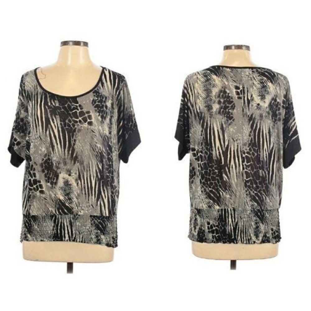 Isabella Rodriguez Top Scoop Neck Kimono Sleeve Multi Animal Print‎ Black Gray